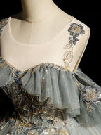 A-Line Round Neck Tulle Gray Blue Long Evening Prom Dress, Tulle Sequin Lace Long Evening Dress