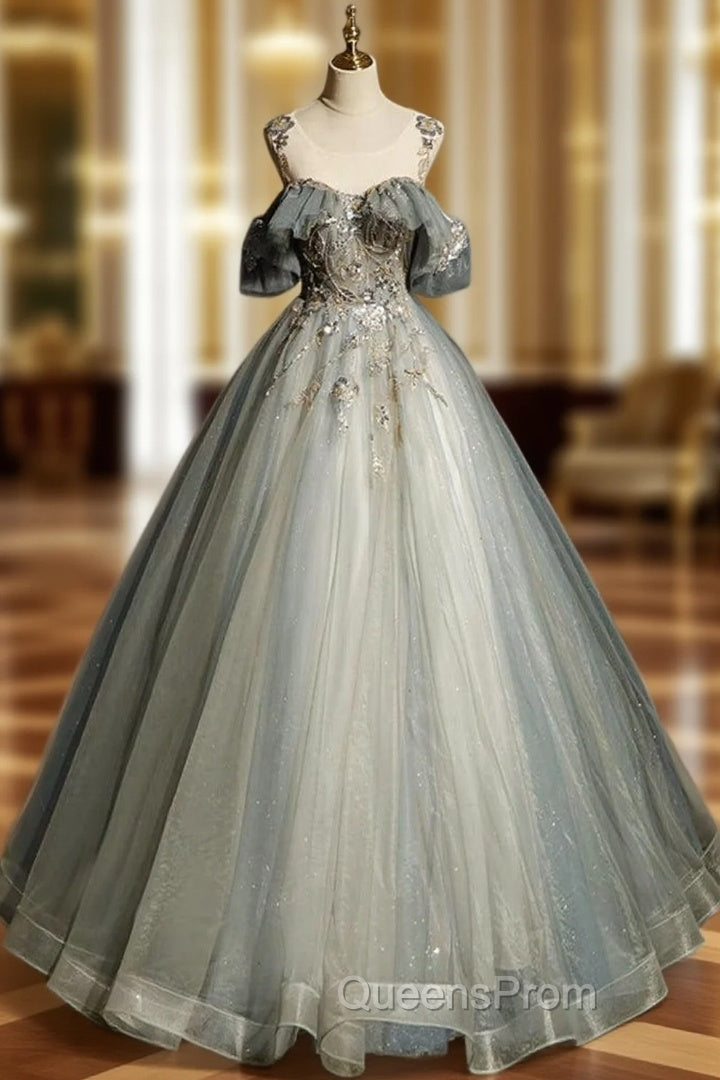 A-Line Round Neck Tulle Gray Blue Long Evening Prom Dress, Tulle Sequin Lace Long Evening Dress Main image