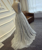 A-Line Round Neck Tulle Lace Long Gray Evening Prom Dress, Bridesmaid Dress