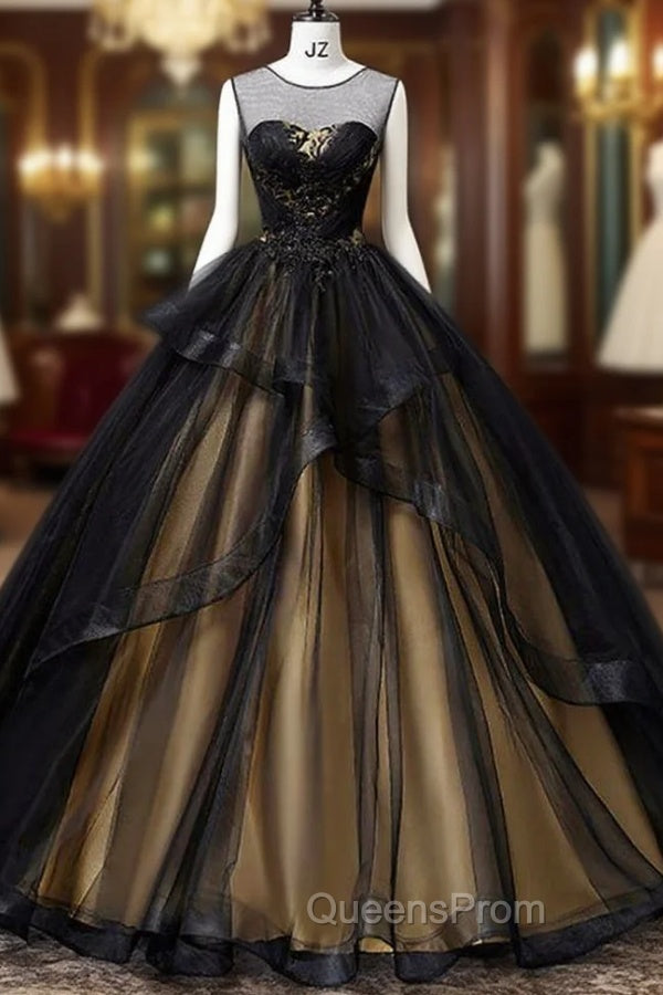 A-Line Round Neck Tulle Long Evening Prom Dress, Elegant Evening Dress Main image