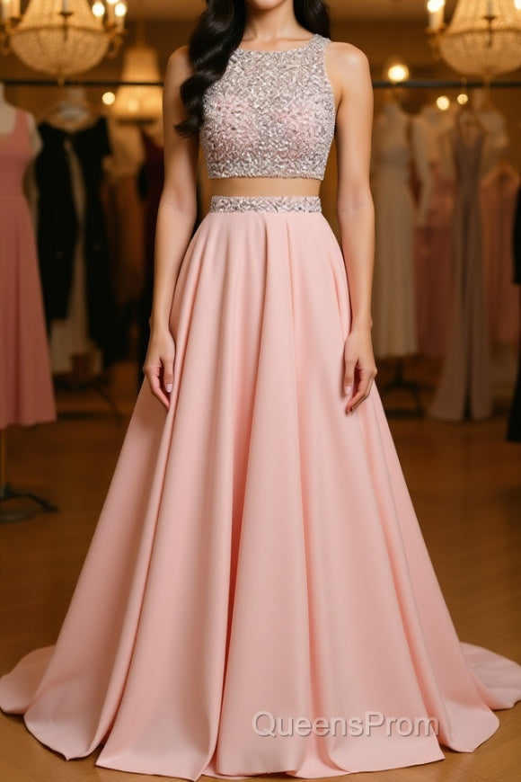 A Line Round Neck Two Pieces Beaded Pink Evening Prom Dress, Two Pieces Pink Formal Dress, Pink Evening Dress Main image