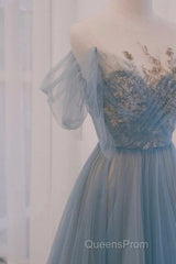A-Line Round Neckline Blue Tulle With Lace Long Party Dress, Tulle Evening Dress Evening Prom Dress