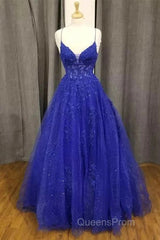 A-Line Royal Blue Formal Gown Long V-Neck Lace Evening Prom Dress Applique