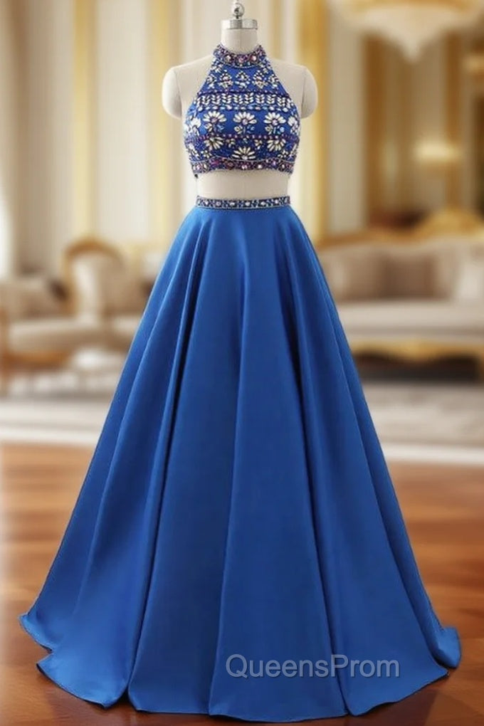 A-Line Royal Blue Satin Two Piece Halter Backless Evening Prom Dress With Crystal
