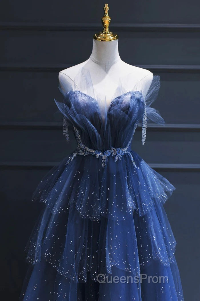 A Line Royal Blue Tulle Beaded Long Senior Evening Prom Dress Secondary image