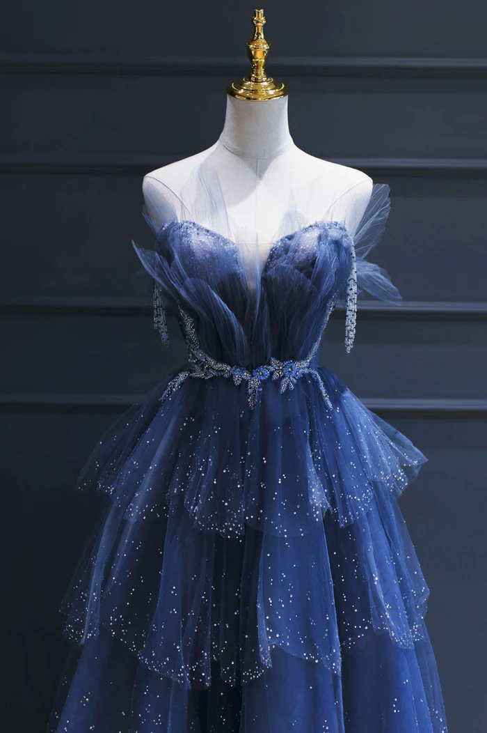 A Line Royal Blue Tulle Beaded Long Senior Classy Prom Dress Secondary image
