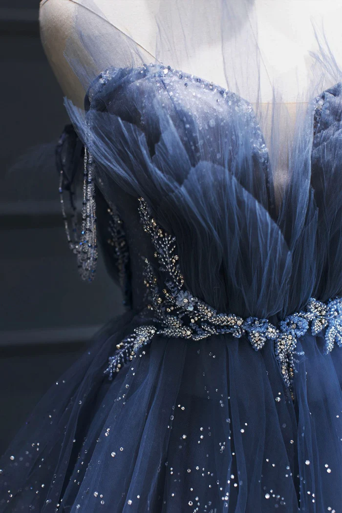 A Line Royal Blue Tulle Beaded Long Senior Classy Prom Dress