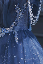 A Line Royal Blue Tulle Beaded Long Senior Evening Prom Dress