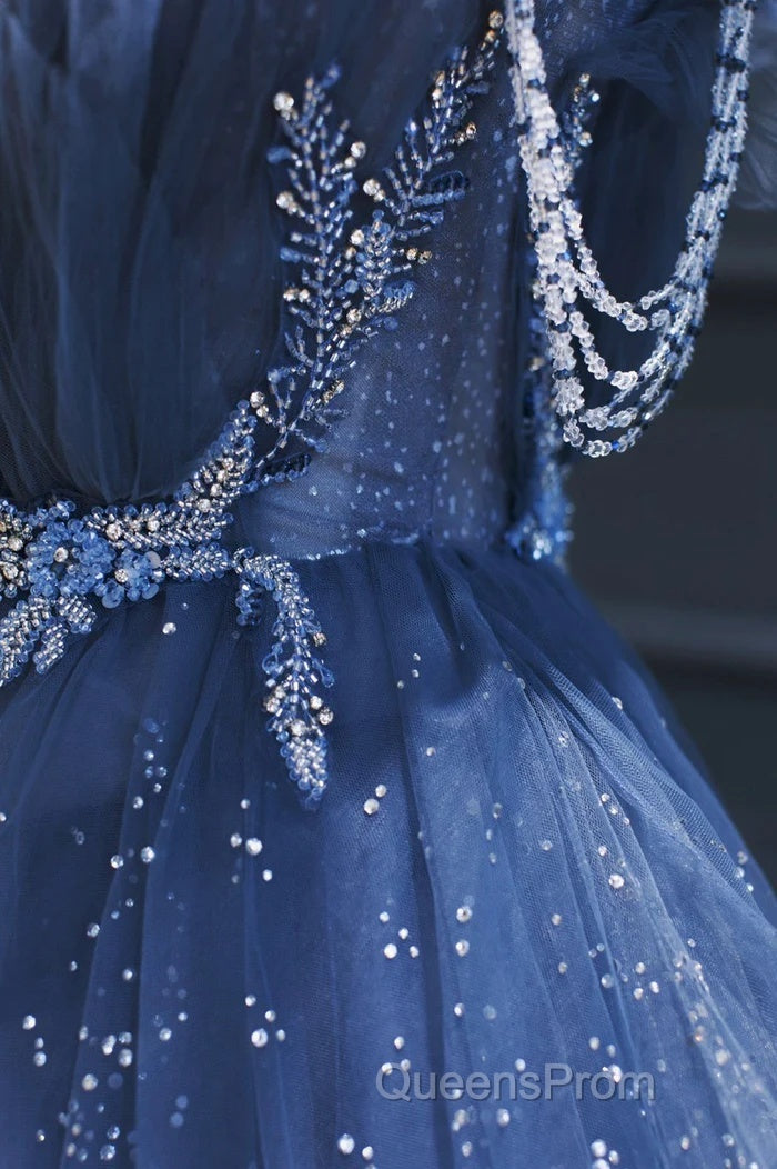 A Line Royal Blue Tulle Beaded Long Senior Evening Prom Dress