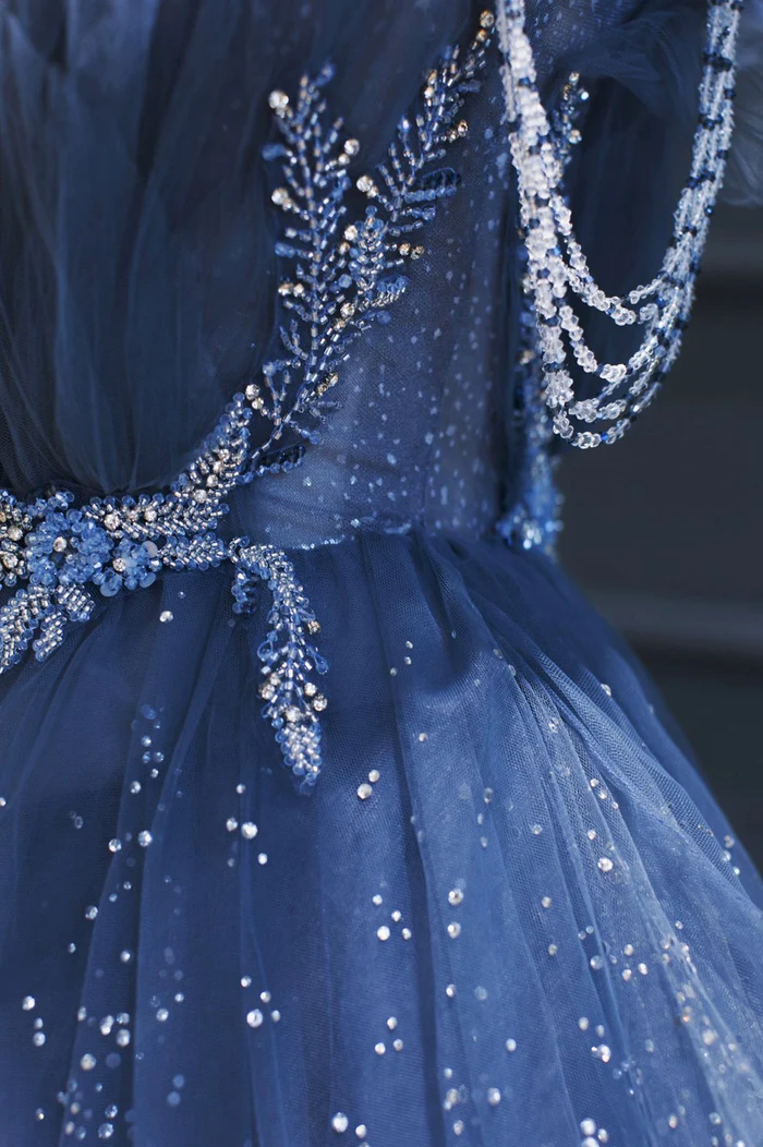 A Line Royal Blue Tulle Beaded Long Senior Classy Prom Dress