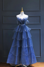 A Line Royal Blue Tulle Beaded Long Senior Classy Prom Dress