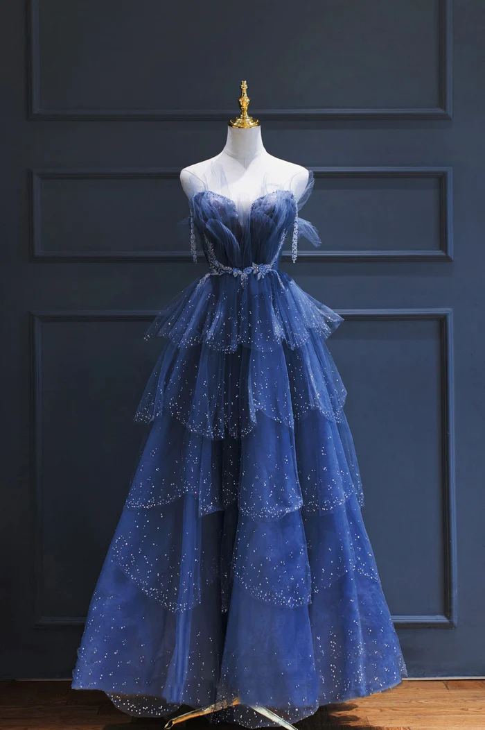 A Line Royal Blue Tulle Beaded Long Senior Classy Prom Dress