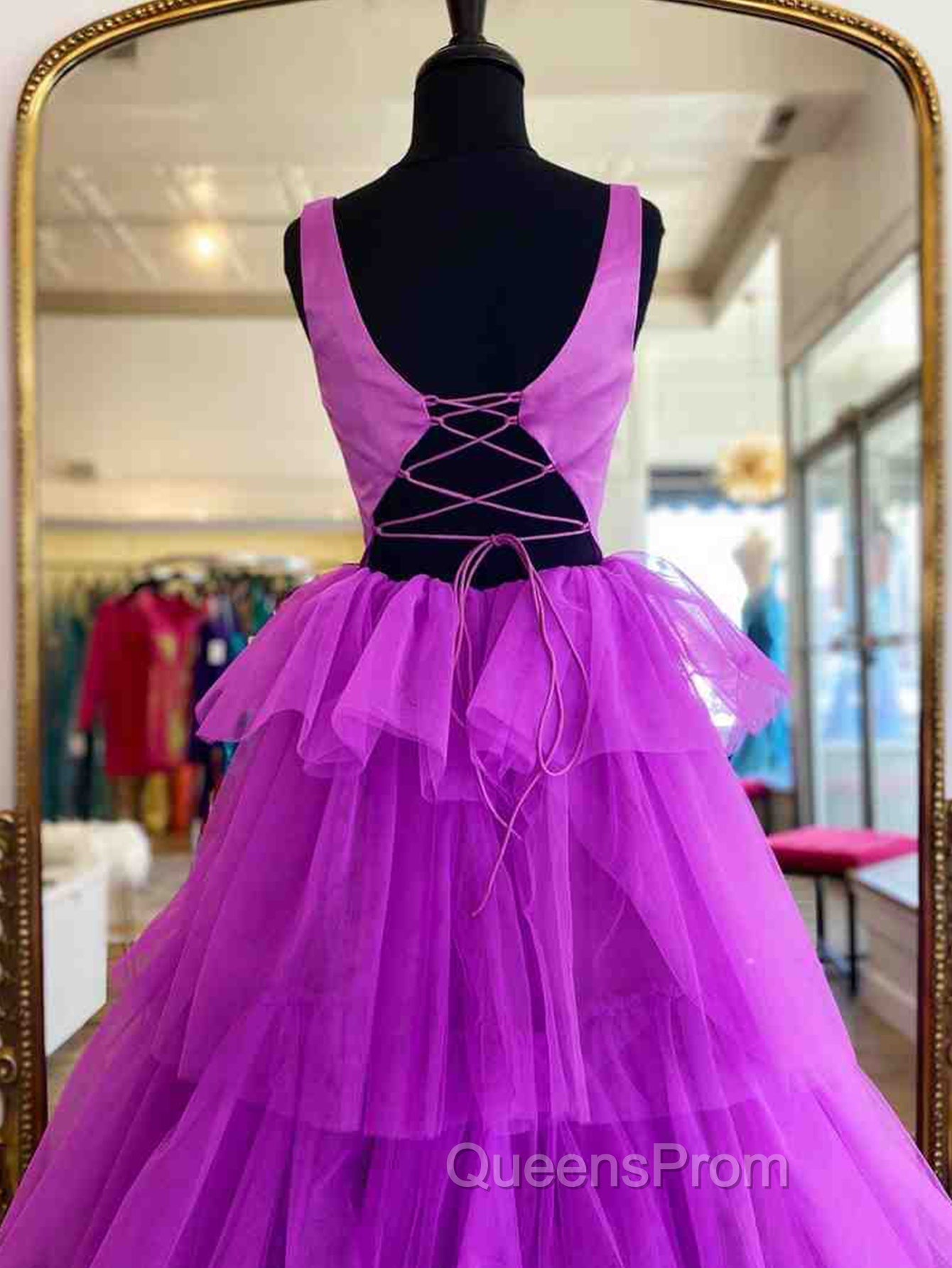 A Line Ruffles Purple Tulle Long Evening Prom Dress Secondary image