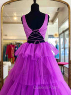 A Line Ruffles Purple Tulle Long Evening Prom Dress