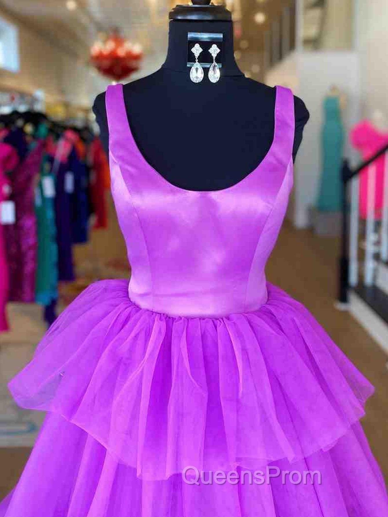 A Line Ruffles Purple Tulle Long Evening Prom Dress