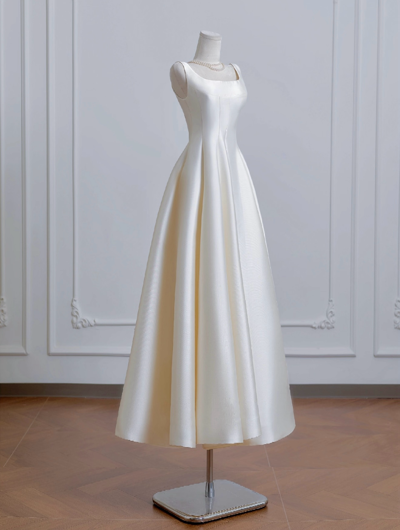 A-Line Satin Beige Long Classy Prom Dress, Beige Long Classy Dress Secondary image