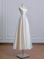 A-Line Satin Beige Long Classy Prom Dress, Beige Long Classy Dress