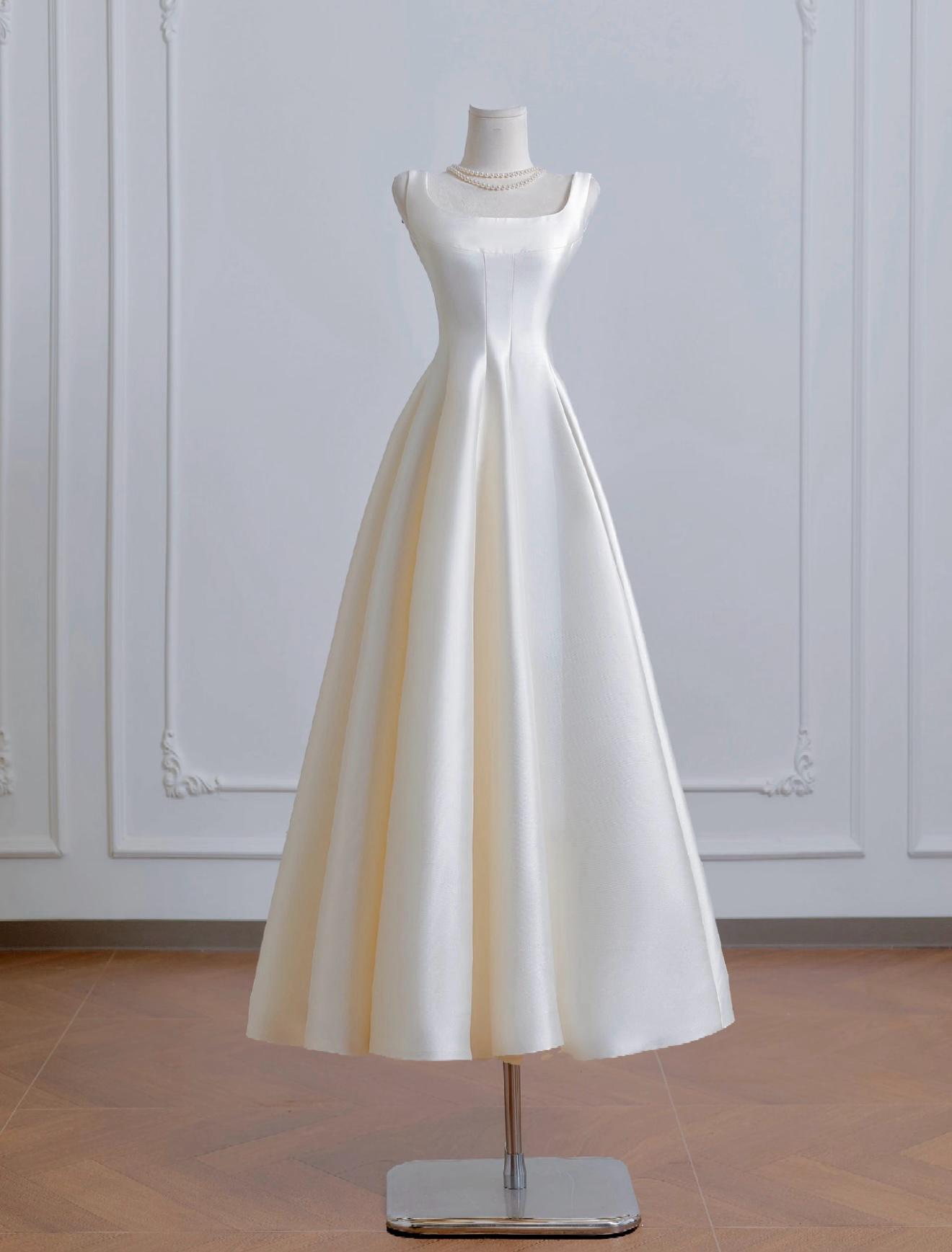 A-Line Satin Beige Long Classy Prom Dress, Beige Long Classy Dress