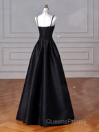 A-Line  Satin Black Long Evening Prom Dress, Black Long Evening Dress