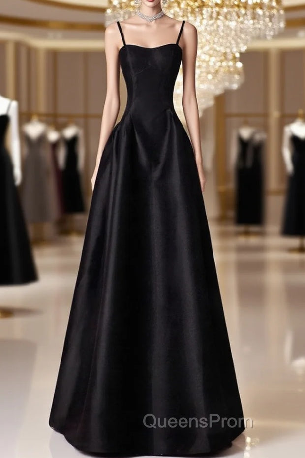 A-Line  Satin Black Long Evening Prom Dress, Black Long Evening Dress Main image