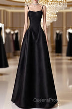A-Line  Satin Black Long Evening Prom Dress, Black Long Evening Dress