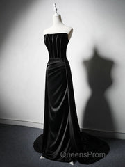 A-Line Satin Black Long Evening Prom Dress, Black Long Formal Dress