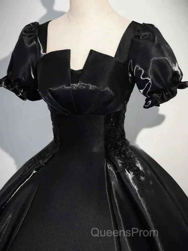 A-Line Satin Black Long Evening Prom Dress Quinceanera Dress Short Sleeves Evening Dress