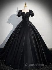 A-Line Satin Black Long Evening Prom Dress Quinceanera Dress Short Sleeves Evening Dress