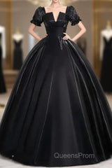 A-Line Satin Black Long Evening Prom Dress Quinceanera Dress Short Sleeves Evening Dress