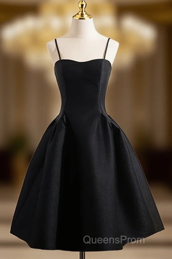 A-Line Satin Black Satin Short Evening Prom Dress, Black Homecoming Dress Main image