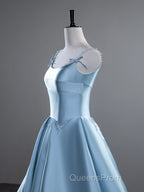 A-Line Satin Blue Long Evening Prom Dress, Blue Long Evening Dress