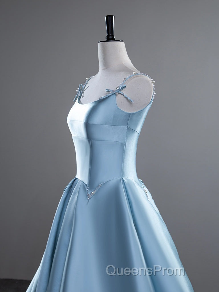 A-Line Satin Blue Long Evening Prom Dress, Blue Long Evening Dress