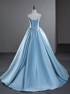 A-Line Satin Blue Long Evening Prom Dress, Blue Long Evening Dress