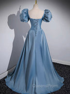 A-Line Satin Blue Long Evening Prom Dress, Blue Long Evening Dress