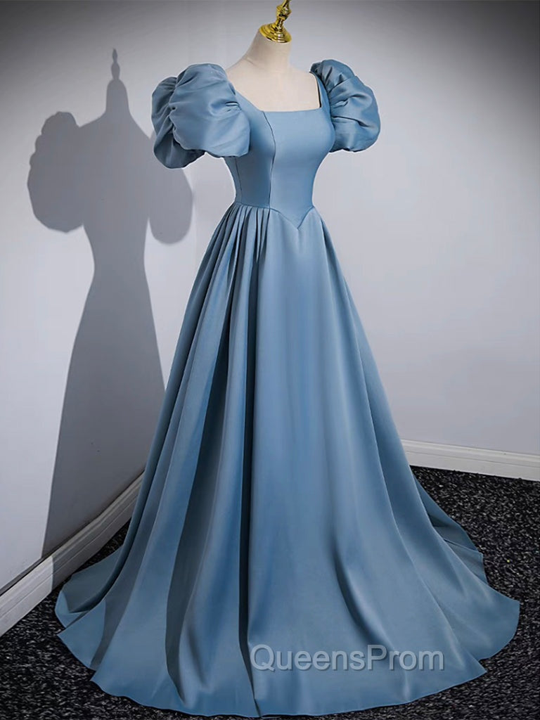 A-Line Satin Blue Long Evening Prom Dress, Blue Long Evening Dress