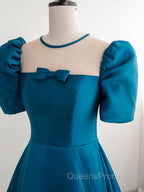 A-Line Satin Blue Long Evening Prom Dress, Blue Long Evening Dress