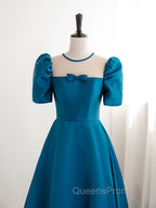 A-Line Satin Blue Long Evening Prom Dress, Blue Long Evening Dress
