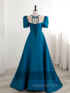 A-Line Satin Blue Long Evening Prom Dress, Blue Long Evening Dress