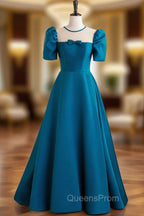 A-Line Satin Blue Long Evening Prom Dress, Blue Long Evening Dress