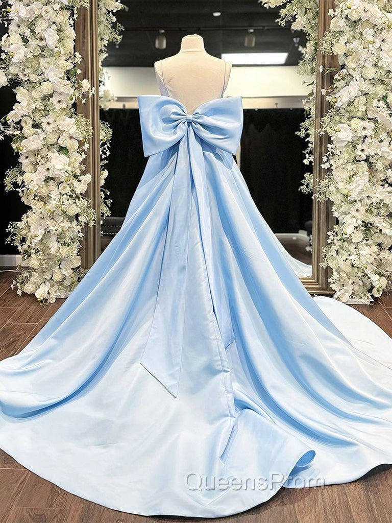 A-Line Satin Blue Long Evening Prom Dress, Blue Long Graduation Dress
