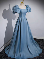 A-Line Satin Blue Long Prom Dress, Blue Satin Long Evening Dress