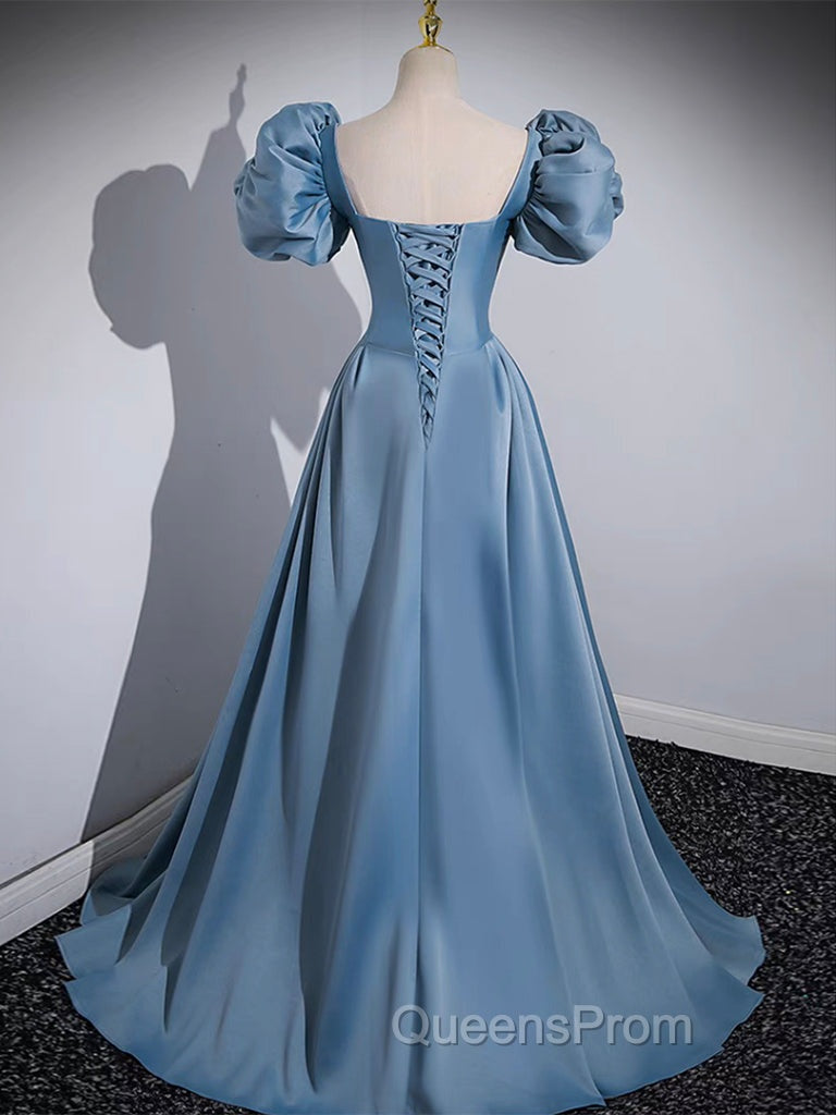 A-Line Satin Blue Long Evening Prom Dress, Blue Satin Long Evening Dress