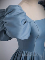 A-Line Satin Blue Long Evening Prom Dress, Blue Satin Long Evening Dress