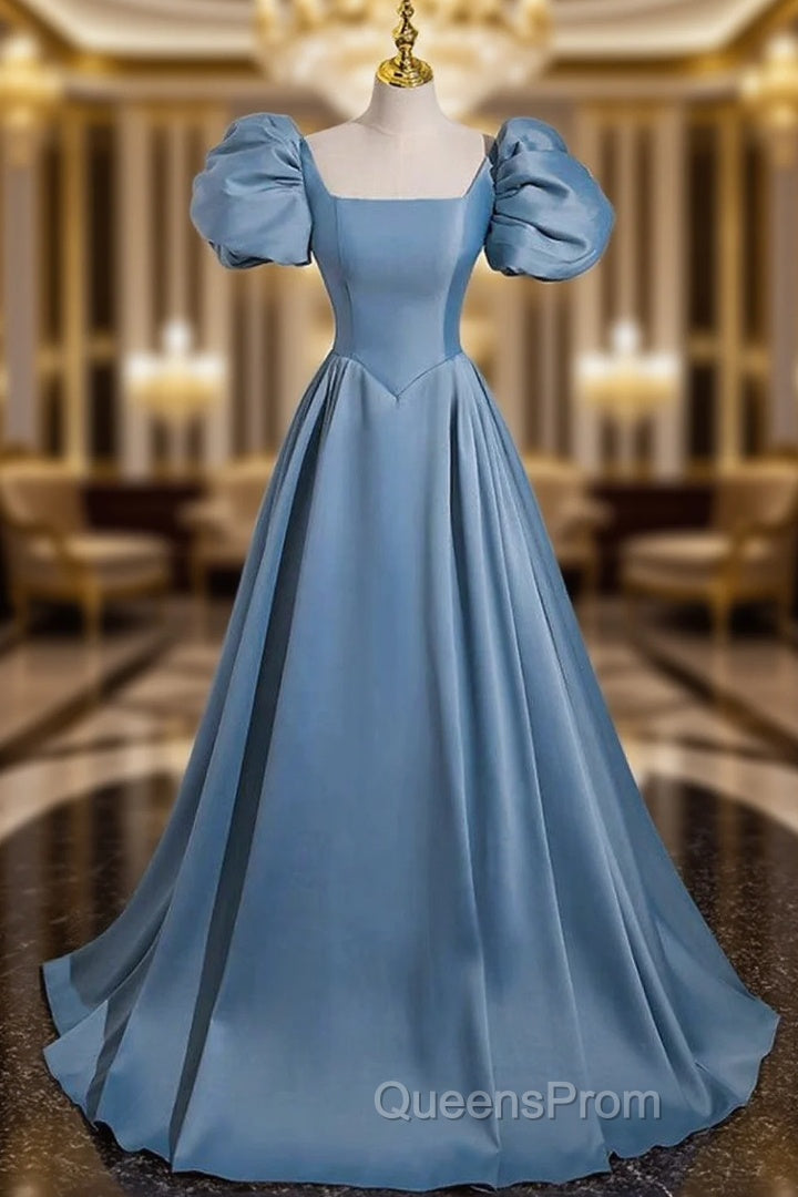 A-Line Satin Blue Long Evening Prom Dress, Blue Satin Long Evening Dress Main image