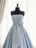 A-Line Satin Blue Long Evening Prom Dress, Blue Satin Long Evening Dress