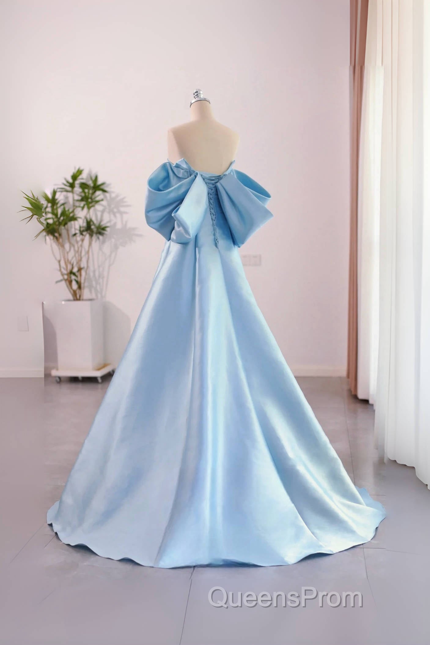 A-Line Satin Blue Long Evening Prom Dress With Bow Secondary image