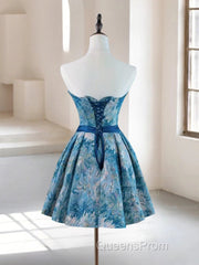A-Line Satin Blue Short Evening Prom Dress, Blue Homecoming Dress