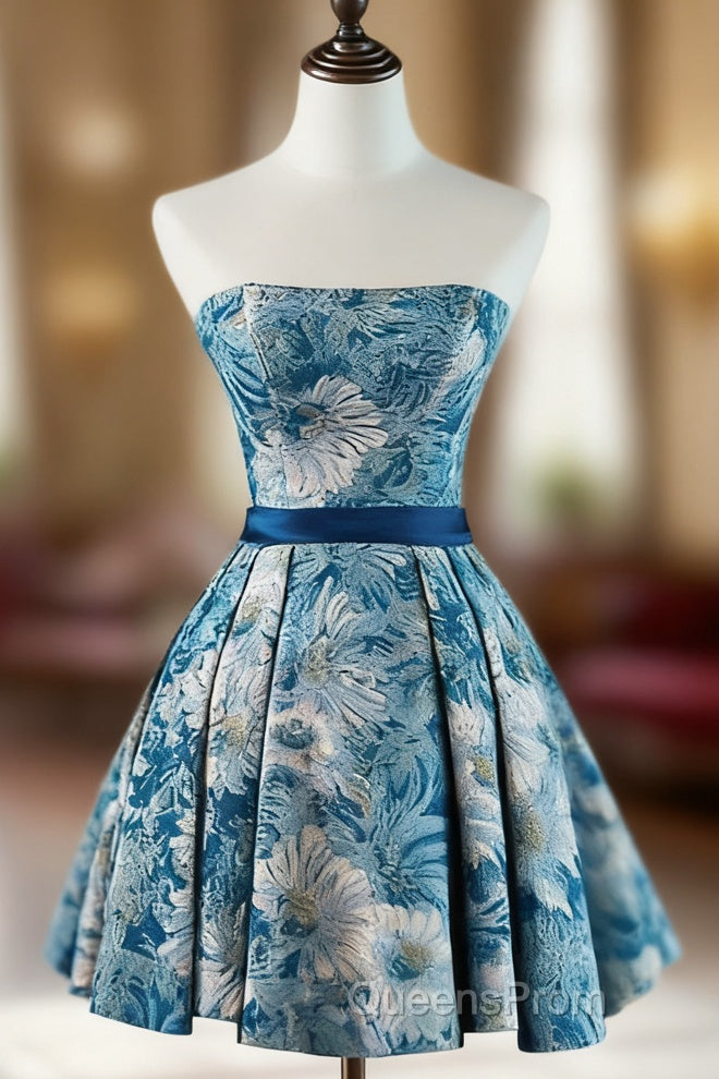 A-Line Satin Blue Short Evening Prom Dress, Blue Homecoming Dress Main image