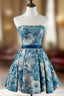 A-Line Satin Blue Short Evening Prom Dress, Blue Homecoming Dress