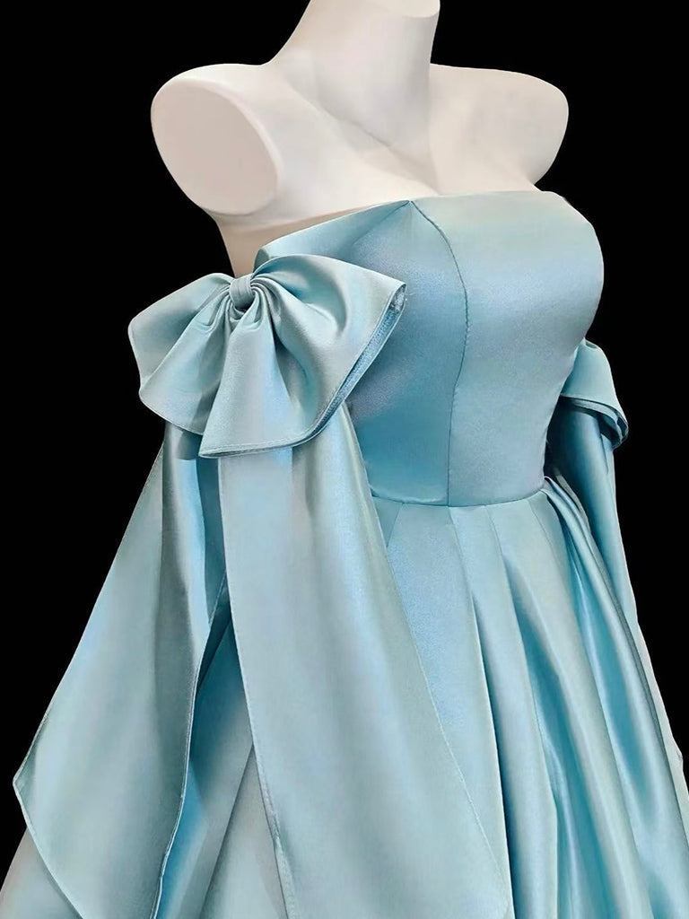 A-Line Satin Blue Short Classy Prom Dress With Bow Tie Secondary image